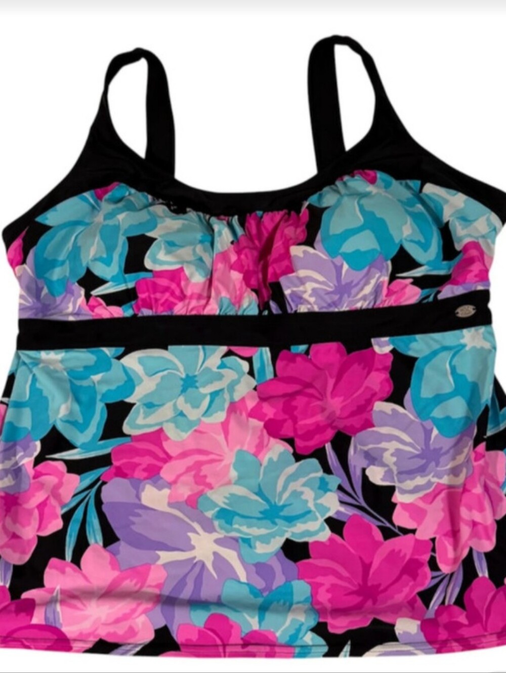 Set Of 2 Zeroxposur Floral Tankini Top in Black with Pink, Teal & Purple Blooms